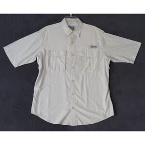 Bimini‎ Bay Shirt Mens Med. Beige Short Sleeve Button Back Vented Fishing Nylon
